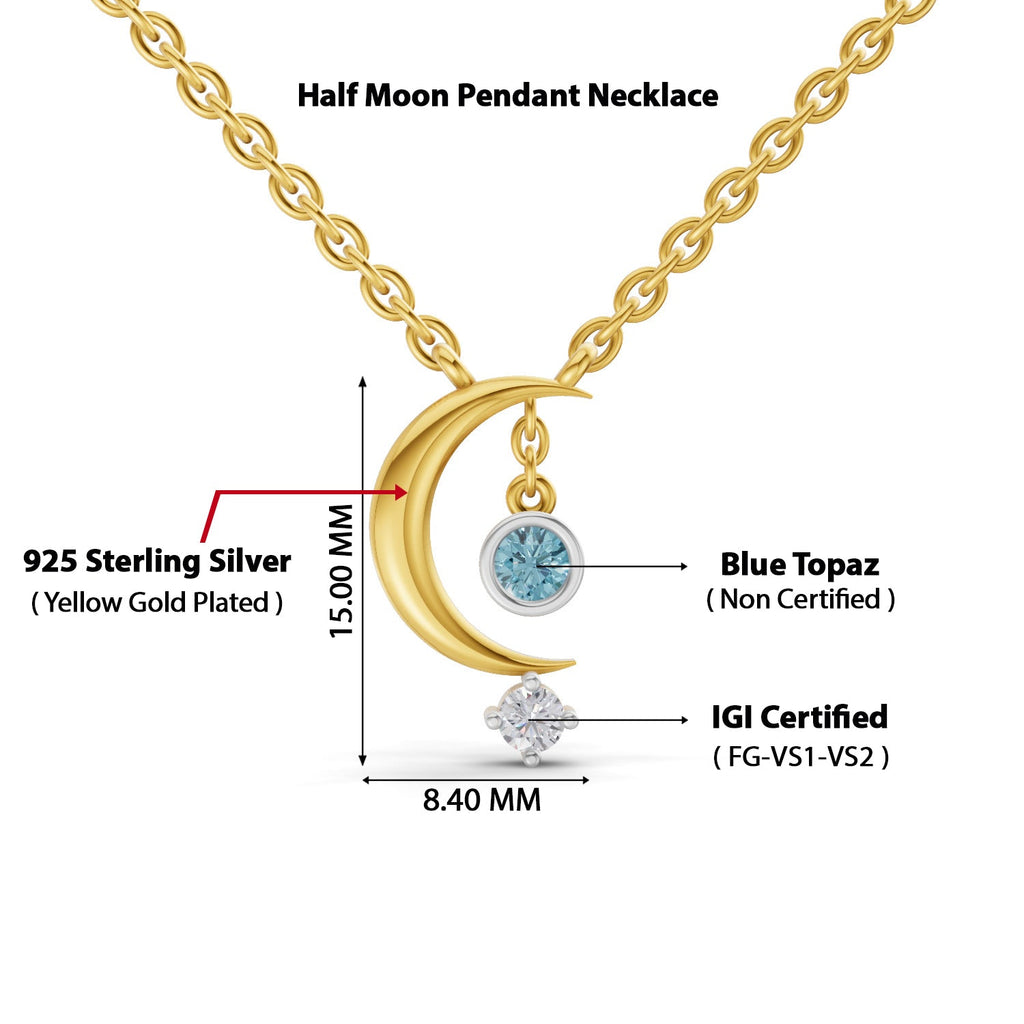 0.07 Ct Round Shape | 925 Sterling Silver Gold Plated Half Moon Pendant Necklace