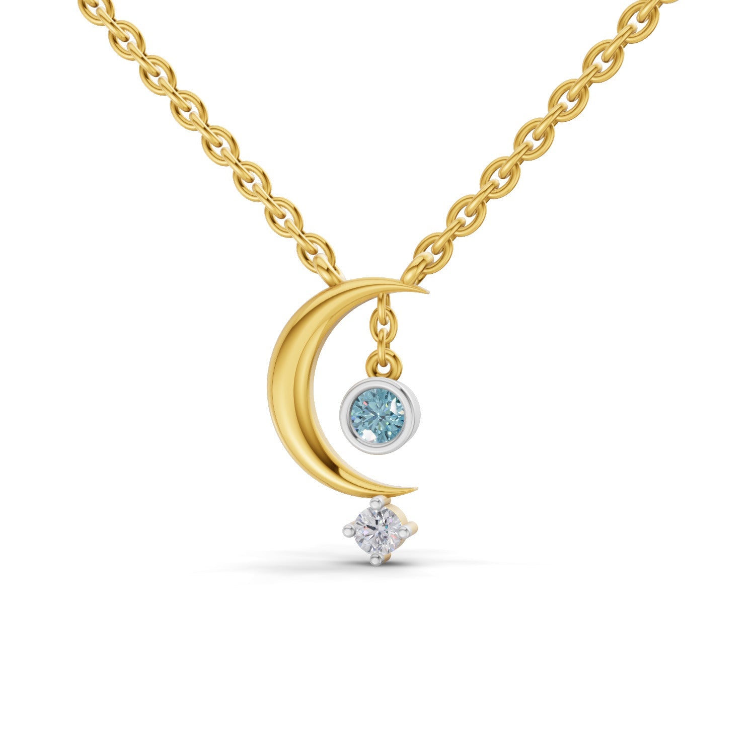 0.07 Ct Round Shape | 925 Sterling Silver Gold Plated Half Moon Pendant Necklace