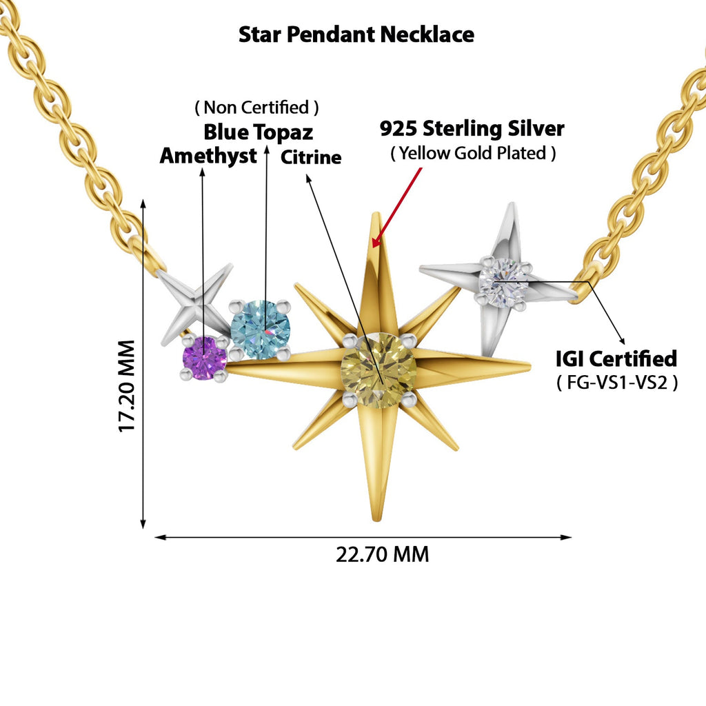 0.07 Ct Round Shape | 925 Sterling Silver Gold Plated Star Pendant Necklace