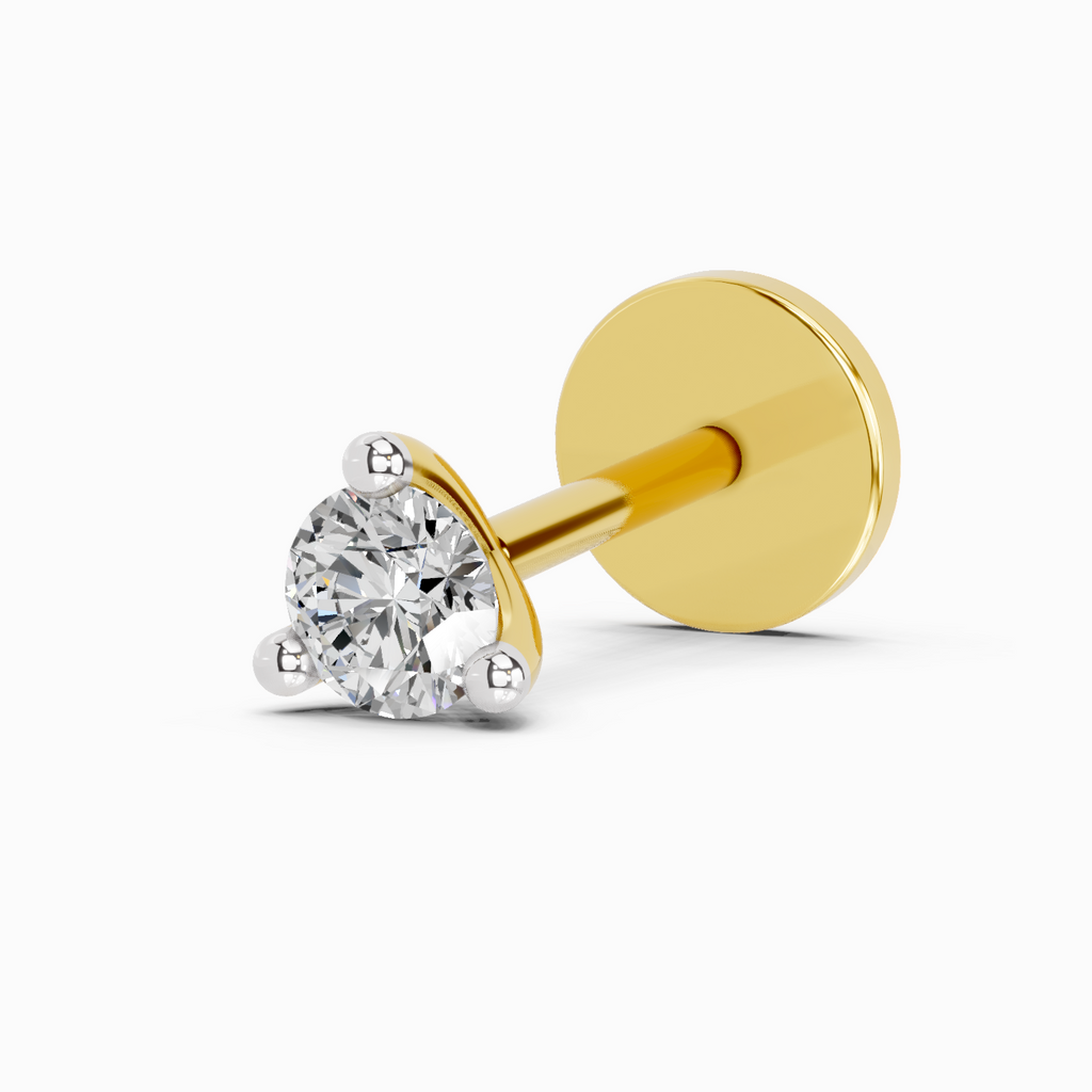 0.1 Carat  | 925 Sterling Silver Yellow Gold Plated 3 Prong Solitaire Nosepin (Screw Back)