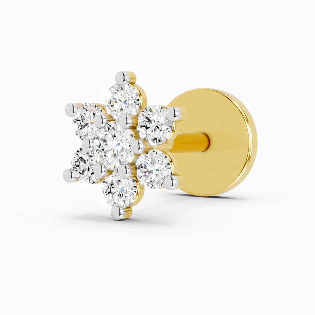0.11 Carat  | 925 Sterling Silver Yellow Gold Plated Floral Nosepin (Screw Back)