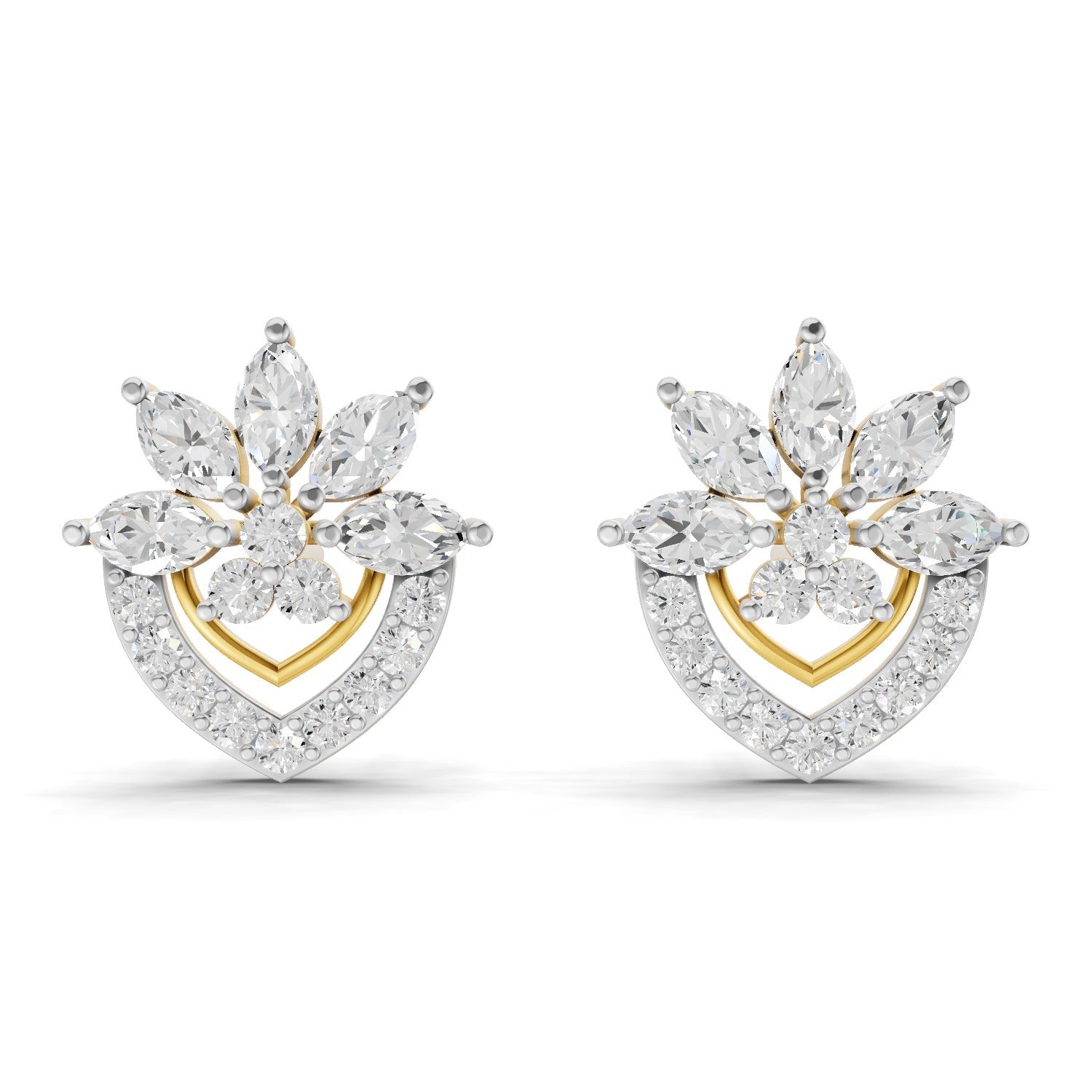 1.53 Carat Round & Marquise Shape | 925 Sterling Silver Yellow Gold Plated Floral Earrings
