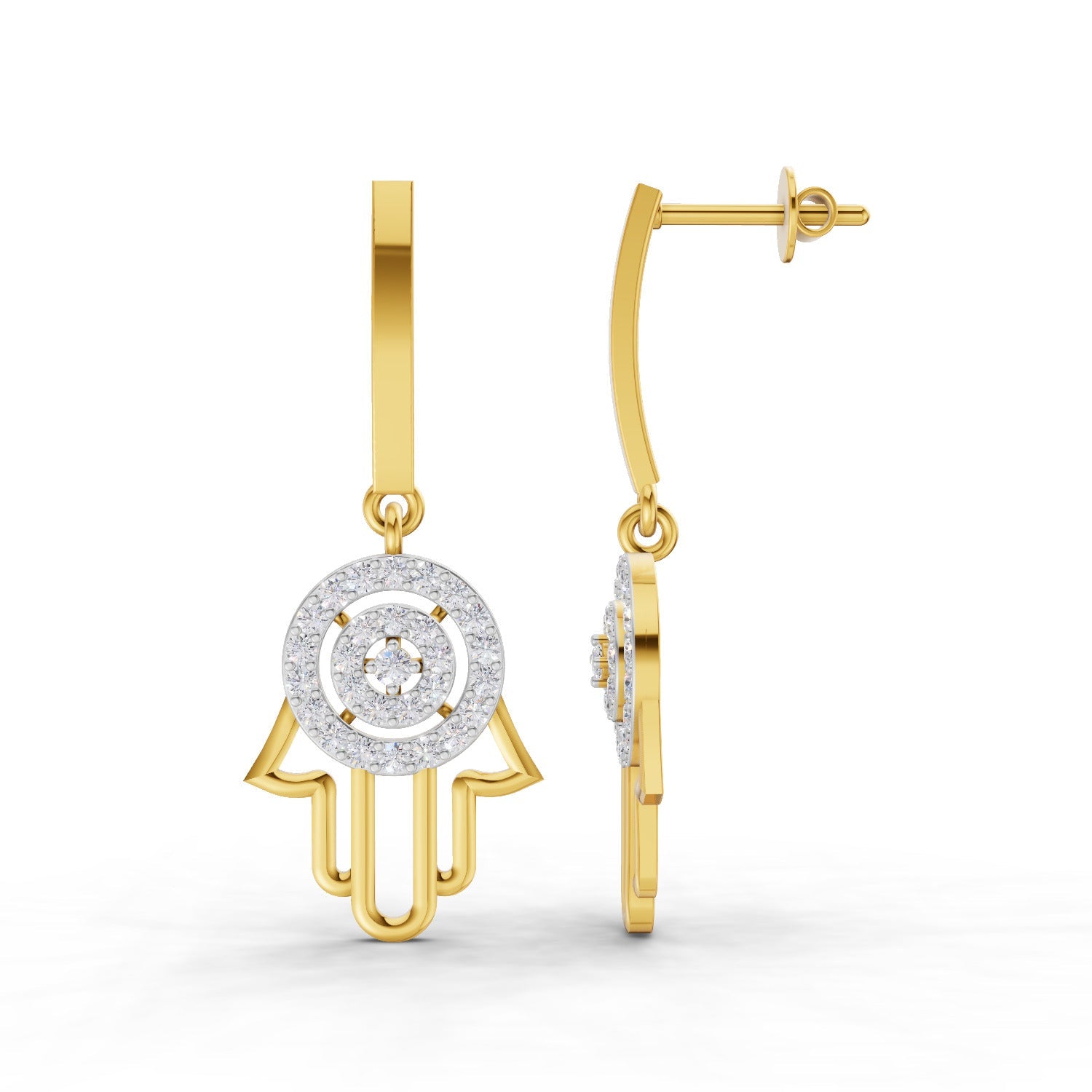 0.58 Round Shape| 925 Sterling Silver Gold Plated Hamsa Hand Drop Earrings
