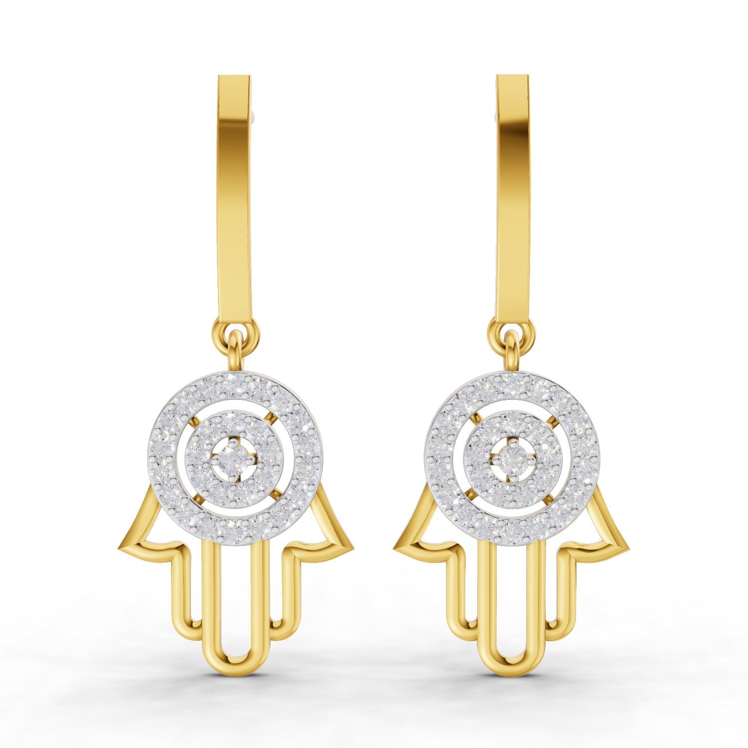 0.58 Round Shape| 925 Sterling Silver Gold Plated Hamsa Hand Drop Earrings