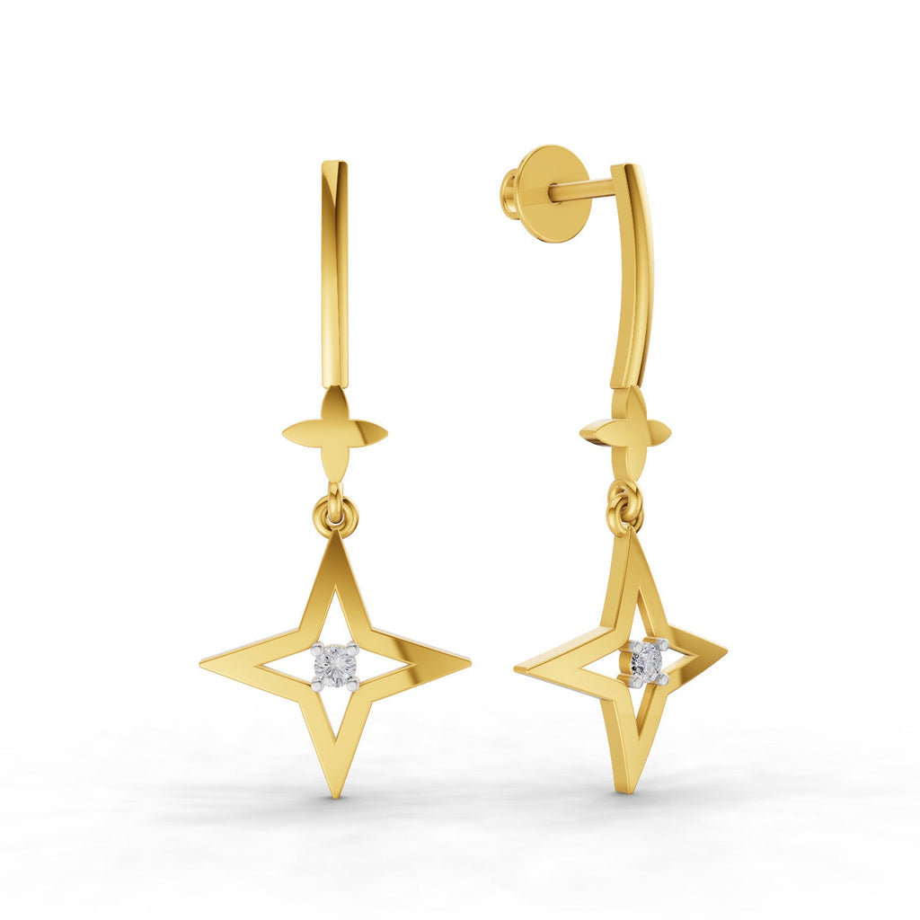 0.07 Round Shape| 925 Sterling Silver Gold Plated Star Drop Earrings